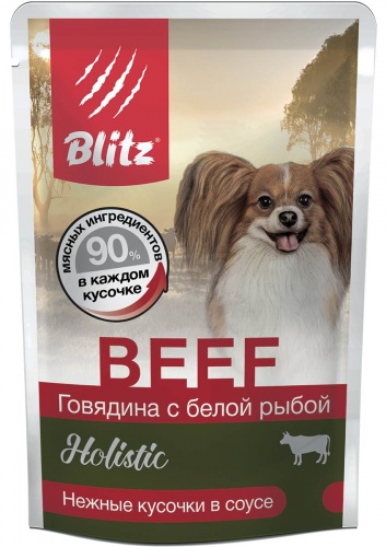 Влажный корм для собак BLITZ BEEF говядина с белой рыбой, кусочки в соусе, 85гр