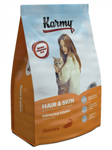Сухой корм для кошек для здоровья кожи и шерсти Karmy (Карми) Hair & Skin, Лосось