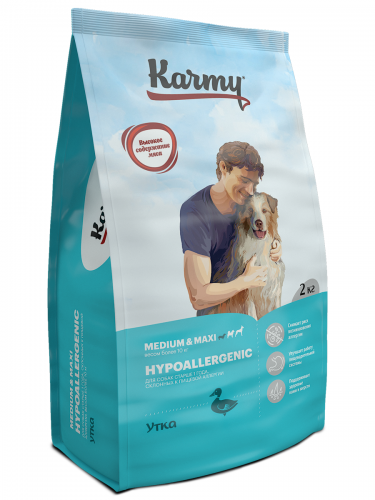 Сухой корм для собак средних и крупных пород старше 1 года, склонных к пищевой аллергии Karmy (Карми) Hypoallergenic Medium & Maxi, Утка, 2 кг