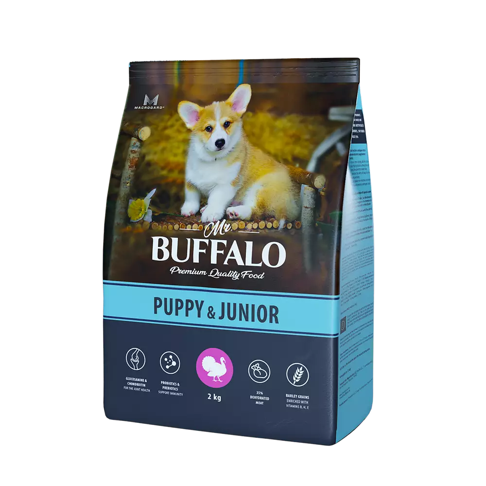 Сухой корм для щенков и юниоров средних и крупных пород Mr.Buffalo (Мистер Баффало) Puppy & Junior Turkey, Индейка, 2 кг