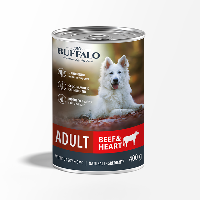 Влажный корм для взрослых собак Mr.Buffalo (Мистер Баффало) ADULT, говядина и сердце, консервы, 400 г