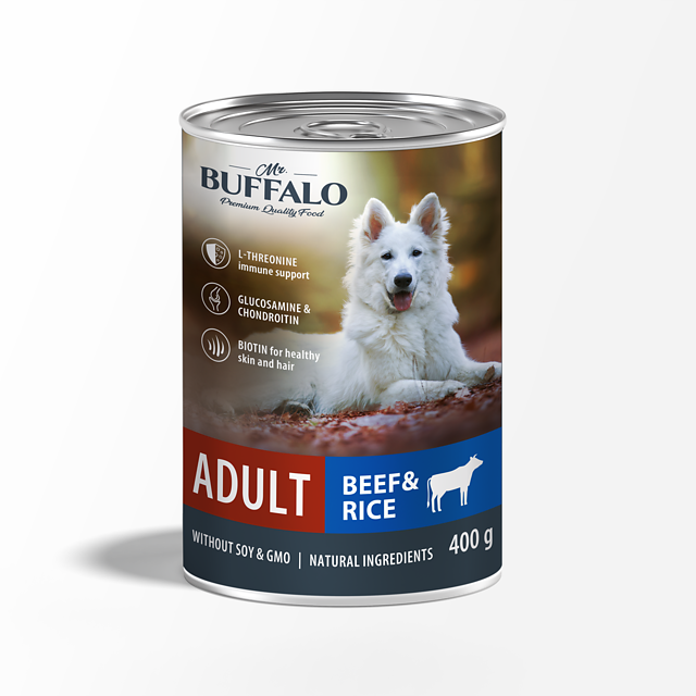 Влажный корм для взрослых собак Mr.Buffalo (Мистер Баффало) ADULT, говядина с рисом, консервы, 400 г