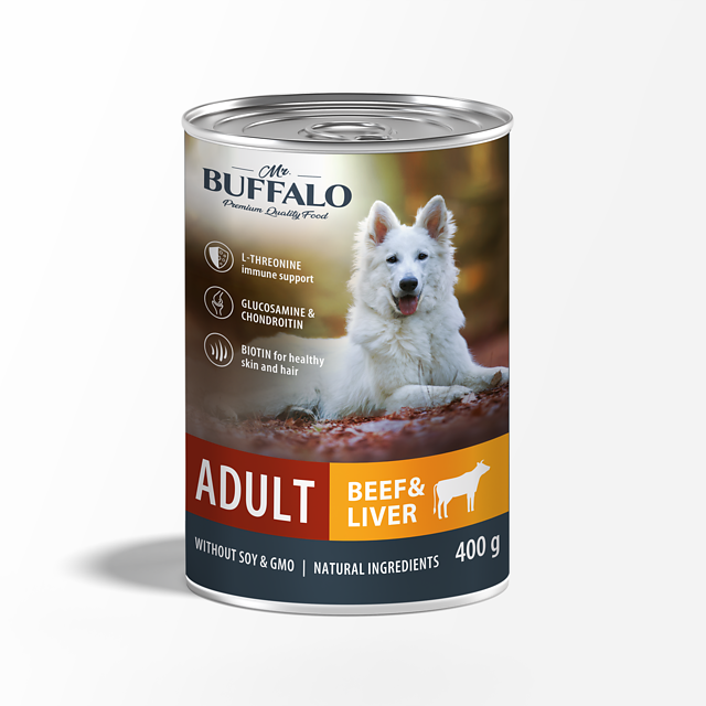 Влажный корм для взрослых собак Mr.Buffalo (Мистер Баффало) ADULT, говядина и печень, консервы, 400 г