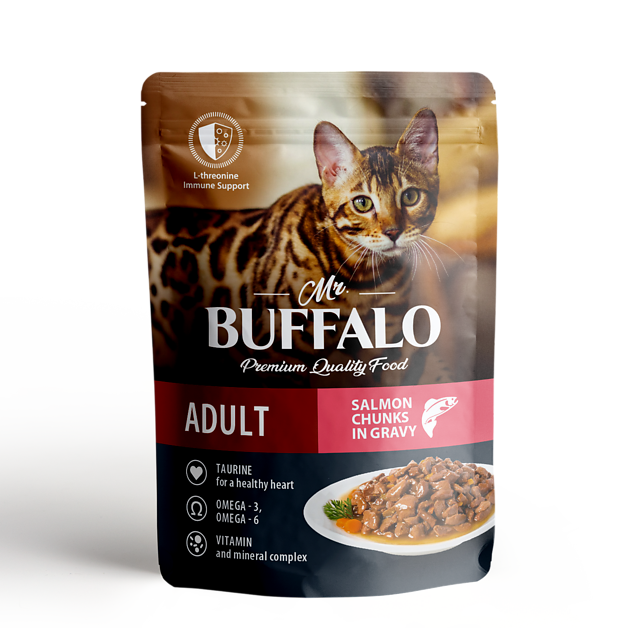Влажный корм для взрослых кошек Mr.Buffalo (Мистер Баффало) Adult HAIR & SKIN,лосось в соусе, 85 г