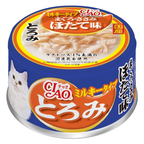 Консервы для кошек INABA CIAO Toromi Куриное филе с тунцом Магуро и гребешком в сливочном бульоне, 80г