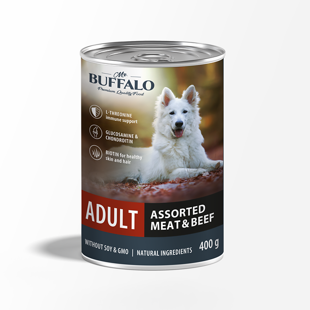 Влажный корм для взрослых собак Mr.Buffalo (Мистер Баффало) ADULT, мясное ассорти с говядиной, консервы, 400 г