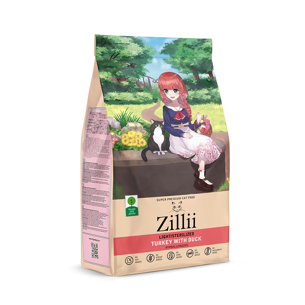 Сухой корм для взрослых стерилизованных кошек Zillii (Зилли) Light/Sterilized Cat Индейка с уткой