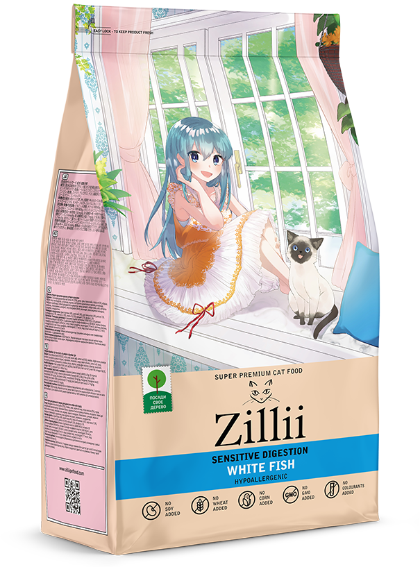 Сухой корм для взрослых кошек с чувствительным пищеварением Zillii (Зилли) Sensitive Digestion Cat Белая рыба