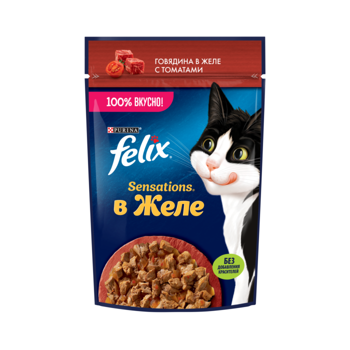 Влажный корм для кошек Felix Sensation (Феликс Сенсейшен), говядина и томаты желе, 75 г