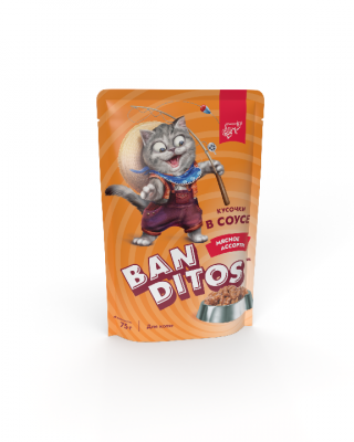 Влажный корм для котят Banditos (Бандитос) Мясное ассорти, кусочки в соусе, 75 г
