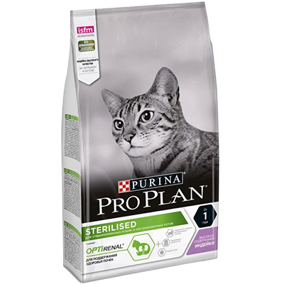 Сухой корм для кошек для поддержания здоровья почек Pro Plan (ПроПлан) Sterilised OptiRenal, Индейка