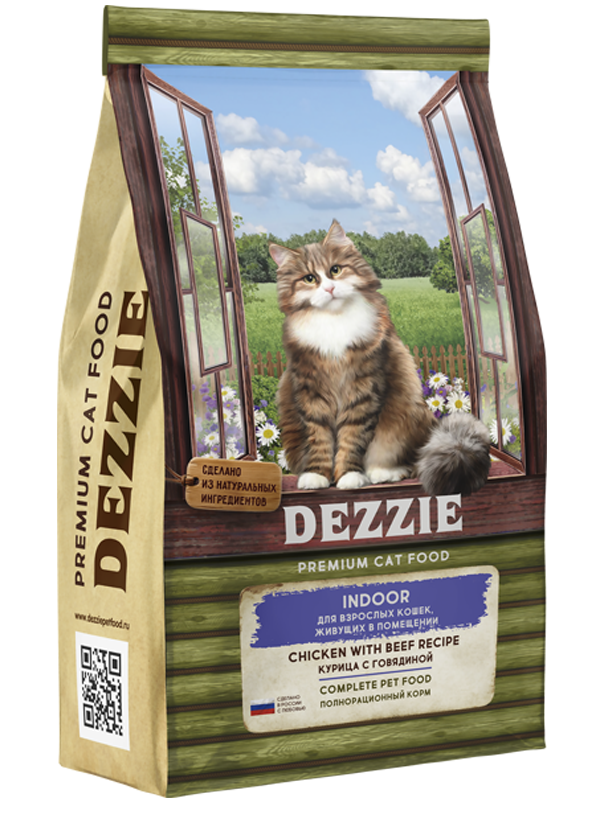 Сухой корм DEZZIE (Дэззи) Indoor Adult Cat для кошек, живущих в помещении, курица и говядина