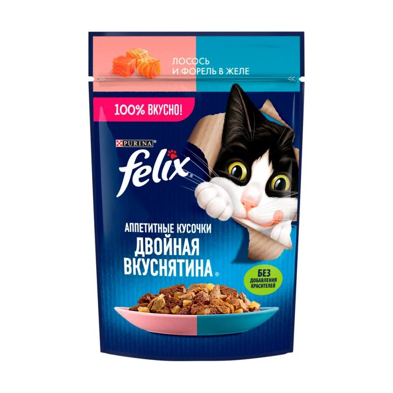 Влажный корм для кошек Felix (Феликс) Двойная вкуснятина, лосось и форель желе, 75 г
