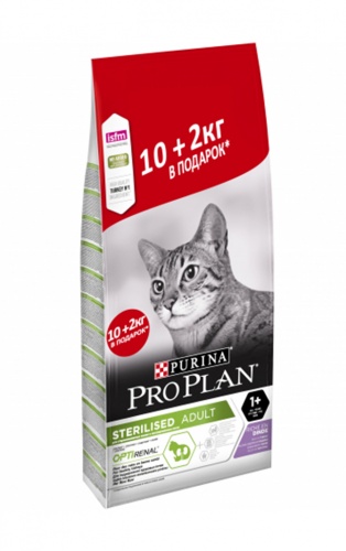 Сухой корм Purina ProPlan (ПроПлан) для стерилизованных кошек, индейка, 10кг + 2кг