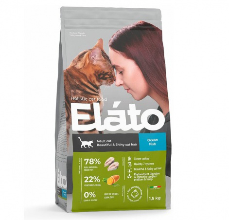 Сухой корм для взрослых кошек с рыбой / для красивой и блестящей шерсти Elato Holistic